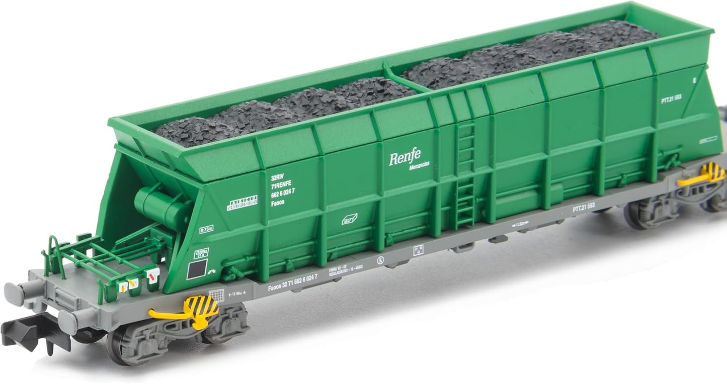 Arnold HN6670 Renfe Mercancías, 2-Unit Pack 4-Axle Hopper Wagons Faoos, Green, EpV-VI Freight Wagons