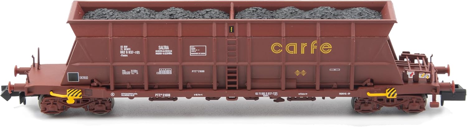 Arnold HN6671 Renfe, 2-Unit Pack 4-Axle Coal Hopper Wagons Faoos Saltra, Carfe, Brown Livery, Loaded W Coal, Ep IV-V Freight Wagons