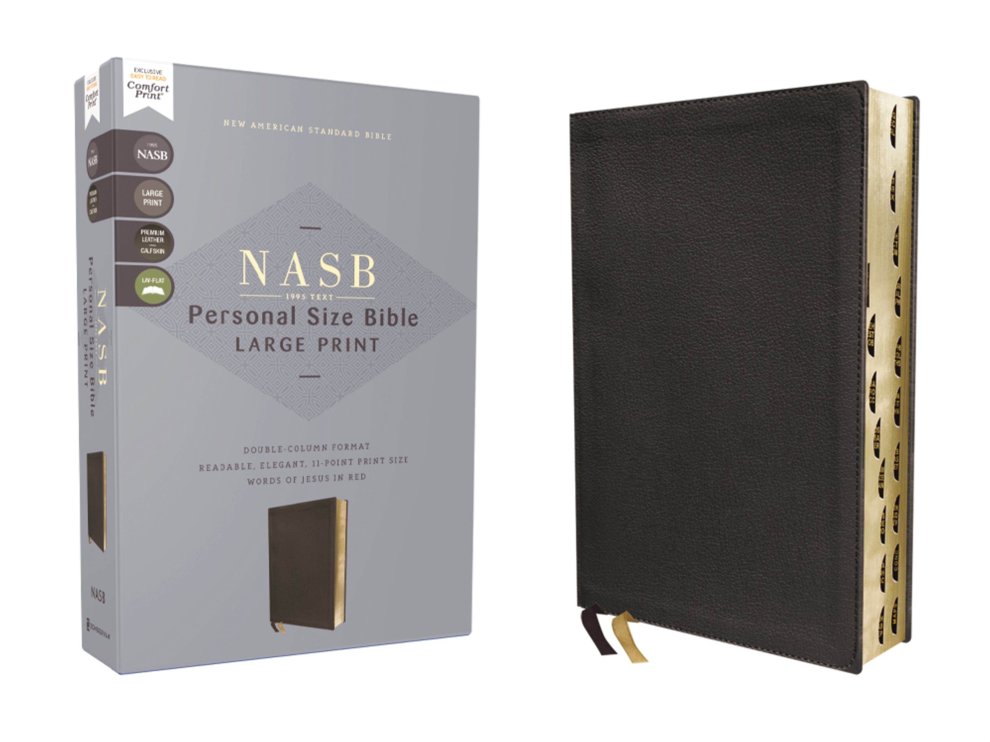 NASB, Personal Size Bible, Large Print, Genuine Leather, Calfskin, Black, Red Letter, 1995 Text, Thumb Indexed, Comfort Print