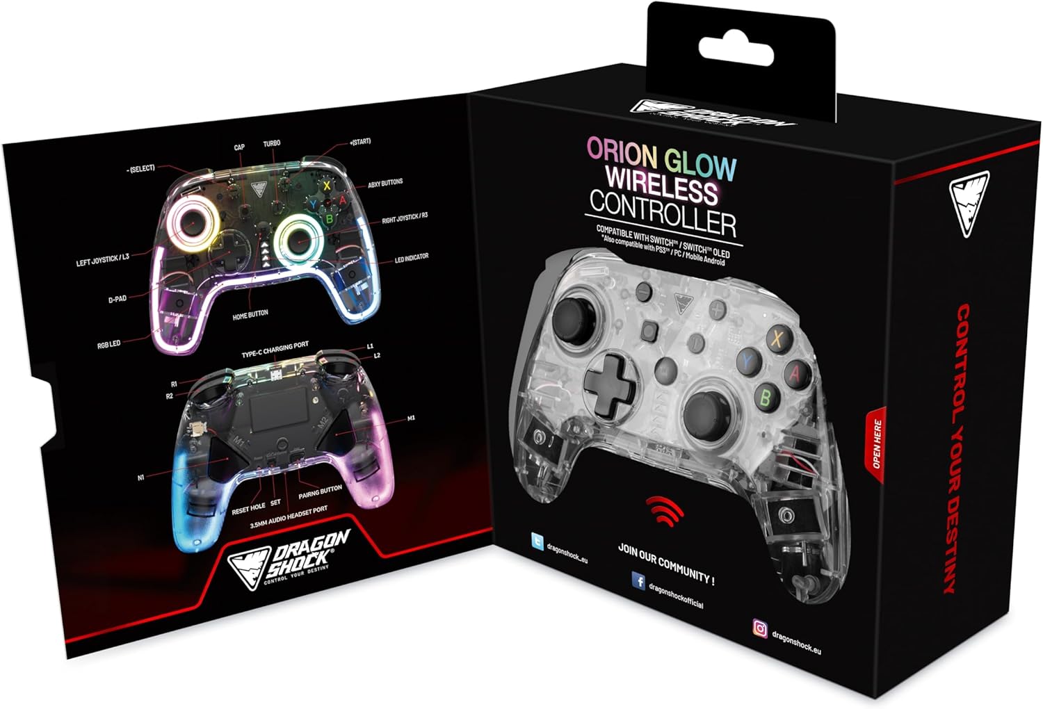 DragonShock Orion Glow Wireless Controller RGB Compatibile con Switch/Switch OLED, PC, Android, IOS