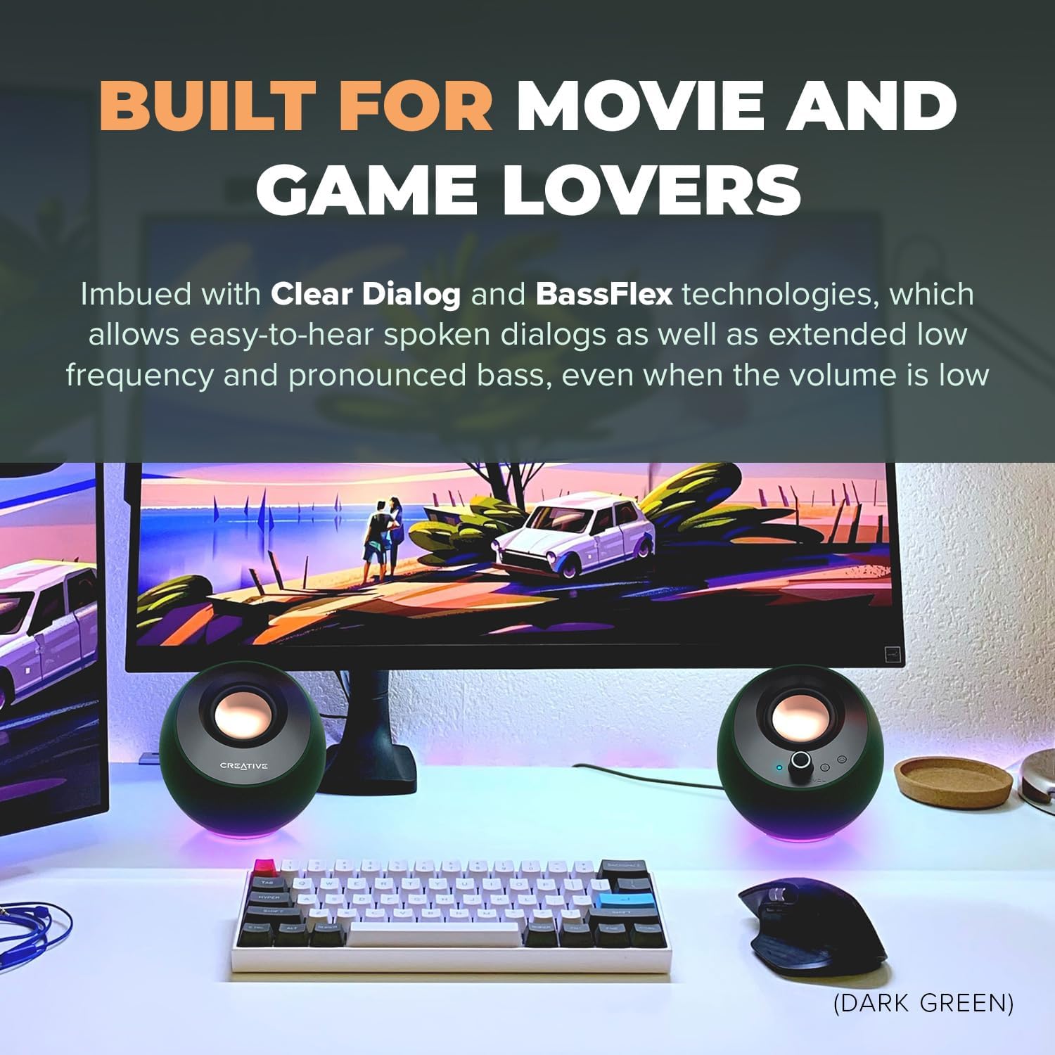 CREATIVE Pebble Pro Minimalist 2.0 USB-C Computer Speakers with Bluetooth 5.3 and Customizable RGB Lighting, Clear Dialog and BassFlex Tech, USB Audio, Headset Port, for PC and Mac