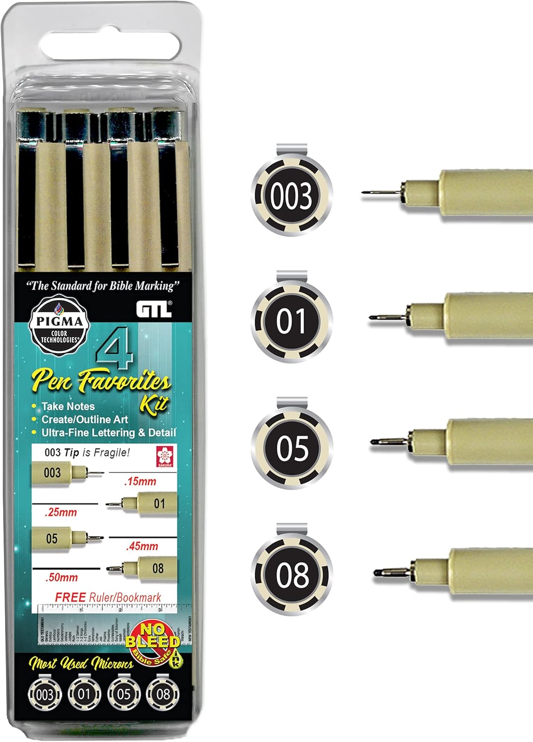 Pigma Micron Pen Favorites Kit #4 - Set of 4 (003/01/05/08), Black