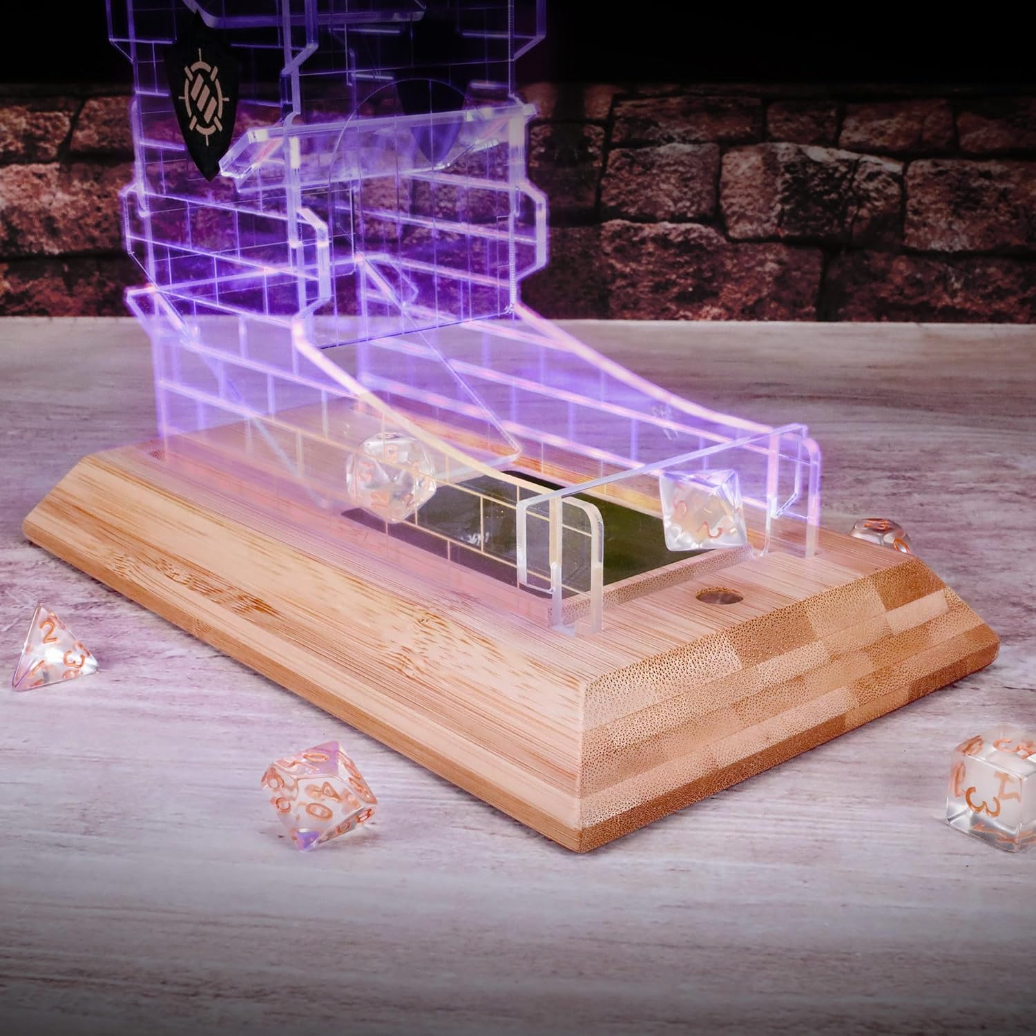 ENHANCE Tabletop LED Dice Tower with 7pc Dice Set for RPG Games - Clear Dice Set, LED Dice Roller with Bamboo Base and Castle Tower Design, Roll Up to 14 Standard Dice at Once - Great for Game Night