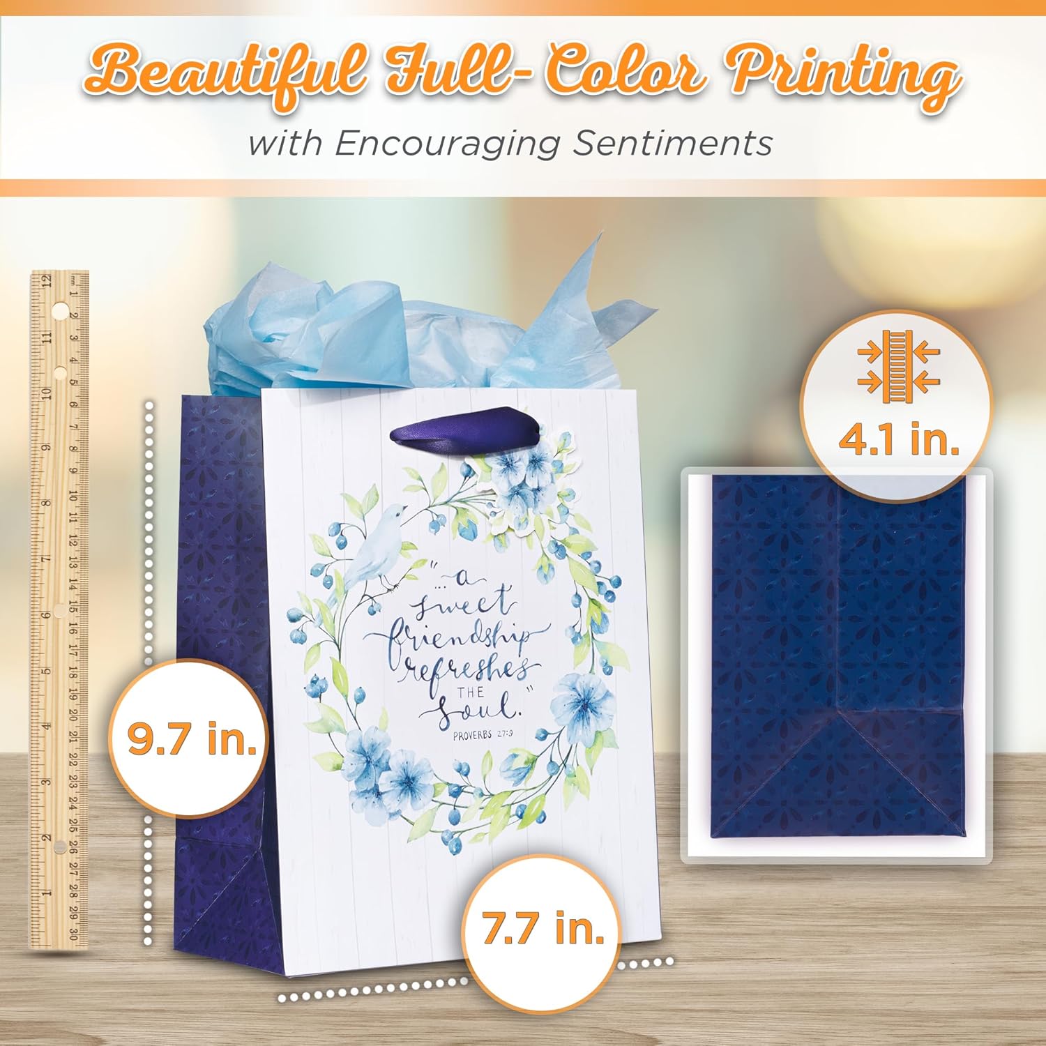 Christian Art Gifts Gift Bag/Tissue Paper Set A Sweet Friend Proverbs 27:9 Bible Verse, Blue Floral, Medium