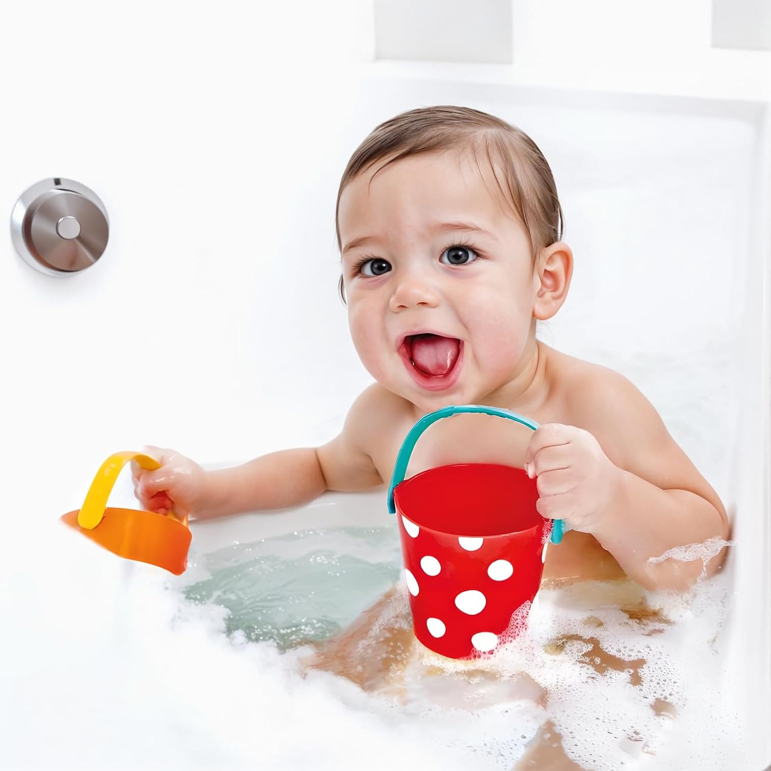 Hape Happy Buckets Set | Three Water Wheel Bath Time Toys for Toddlers, Multicolour