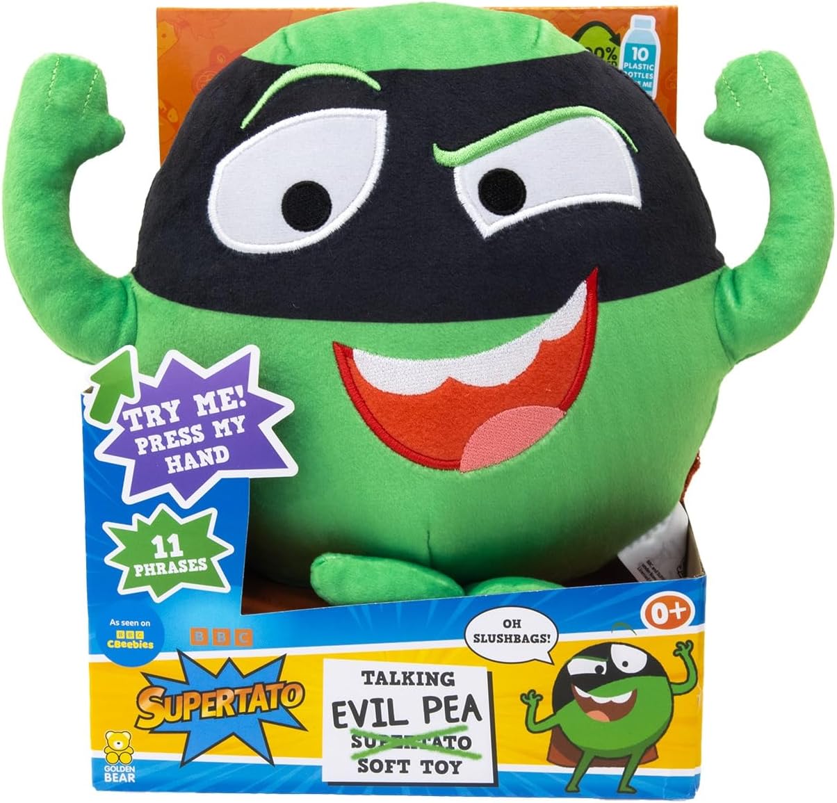 Supertato Talking Evil Pea Teddy Bear, from the books & Cbeebies series, Green.