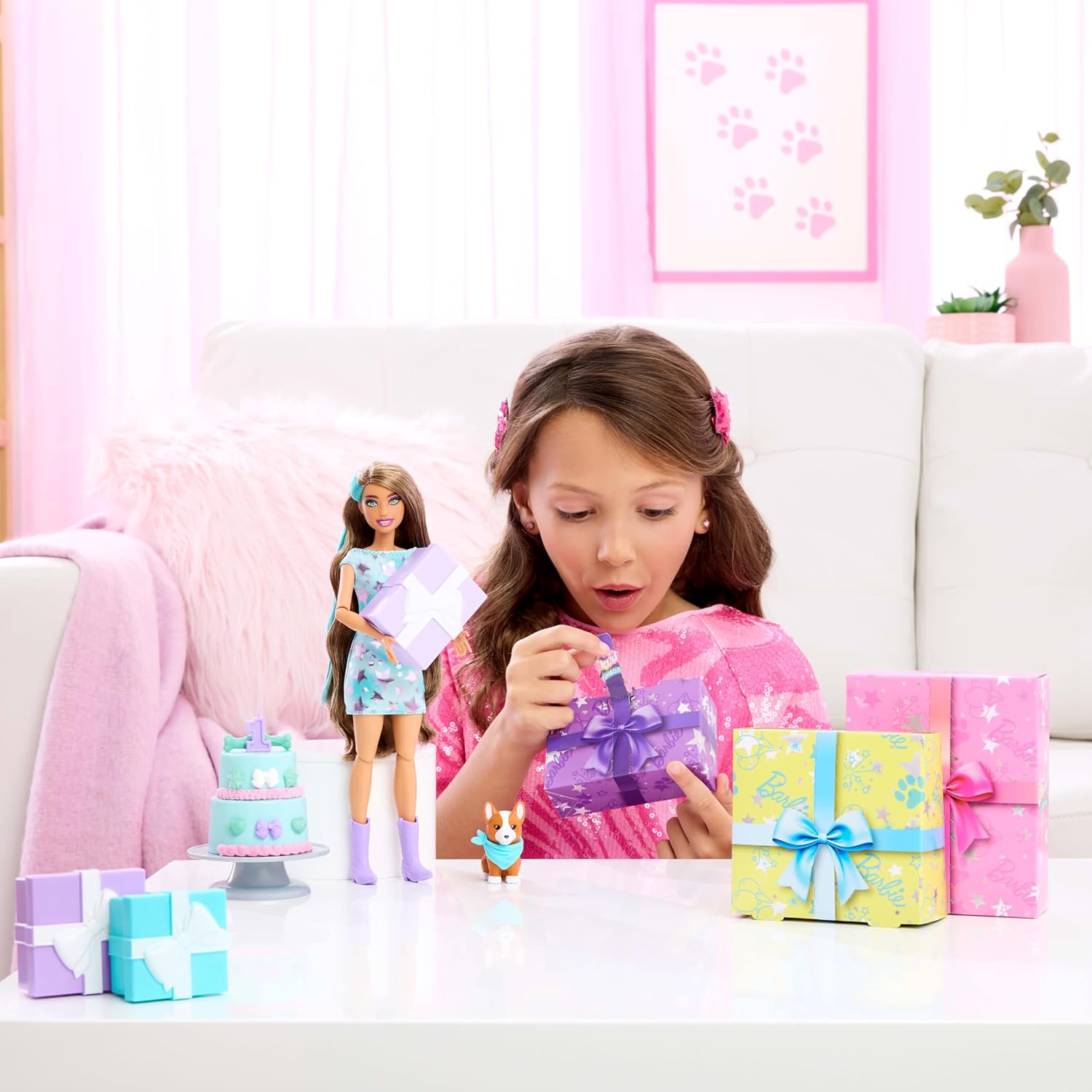 Barbie Party Unboxed Doll & Accessories, Pet Birthday Series Party Stars Set with 10 Surprises Including Color Change & Cake-Decorating Activity, JFG72