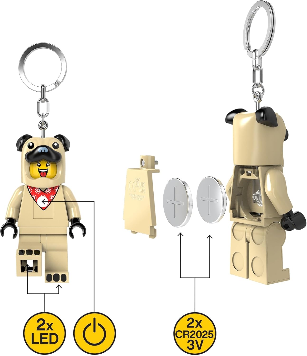 LEGO Minifigures Large 3 Inch Tall Figure Keychain Light - Pug Costume Guy (KE213H), White, White