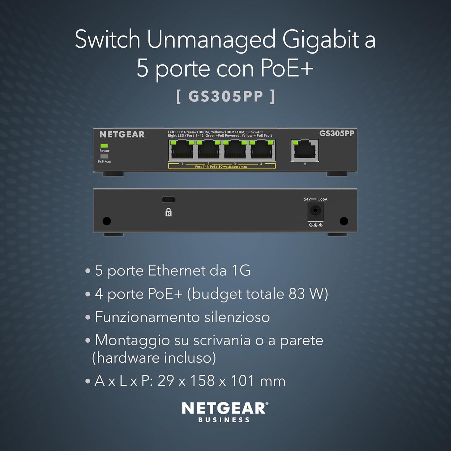 NETGEAR 5 porte, Gigabit Ethernet non gestito GS305PPV2, Switch PoE, con 4 x PoE+, 83W, montaggio a parete o da tavolo