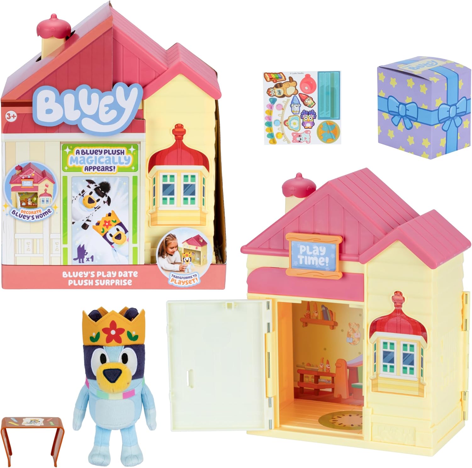 Bluey Play Date Plüsch Überraschung, Haus mit Aufklebern dekorieren, das Spielzeitschild anbringen, dann die Tür öffnen, damit ein Überraschungsplüsch erscheint, Plüschstil kann variieren