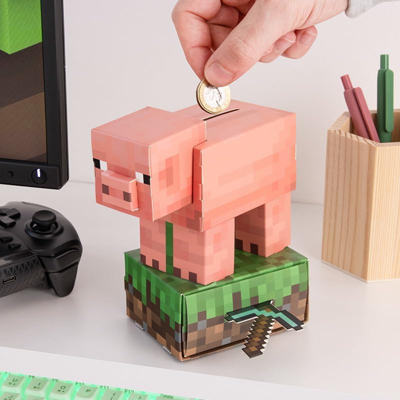Paladone Minecraft Pig Build Your Own Money Box Kit, Officially Licensed 3D Cardboard Craft Set for Kids, DIY Piggy Bank Gift for Gamers, Multi, One Size