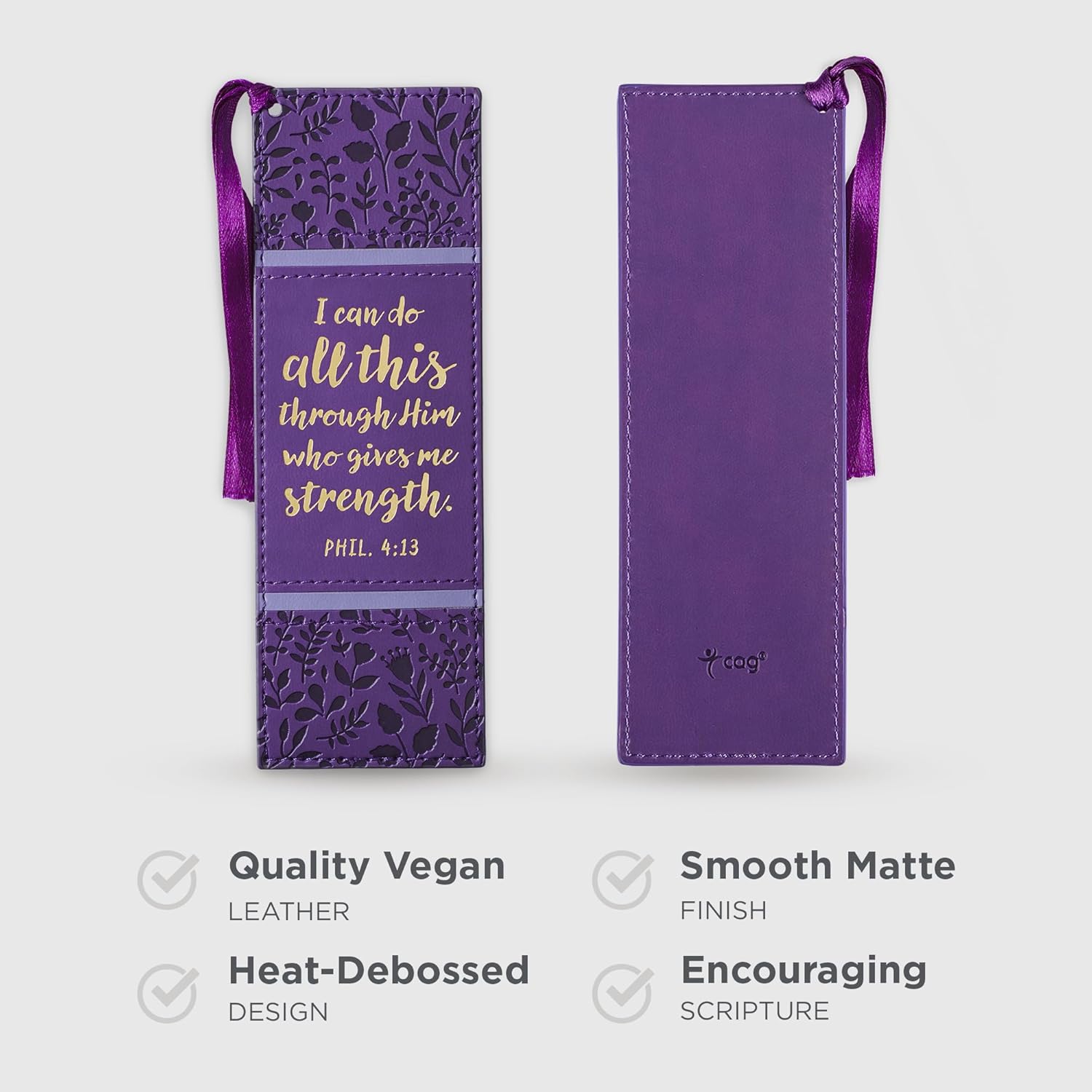 Christian Art Gifts Purple Faux Leather Bookmark | I Can Do All Things - Philippians 4:13 Bible Verse Inspirational Bookmark for Men and Women w/Satin Ribbon Tassel