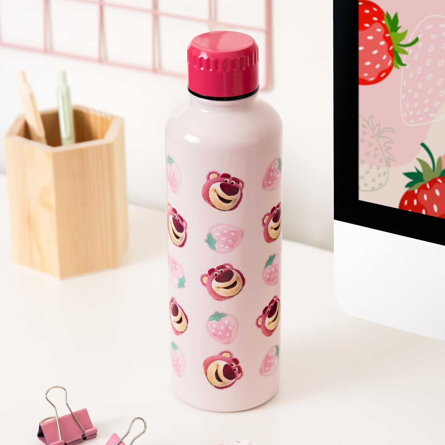 Paladone Lotso Pink Metal Water Bottle with Screw-Top Lid Reusable Stainless Steel 500ml, Officially Licensed Disney Pixar Toy Story Merchandise for Kids, Teens, Adults, School, Work