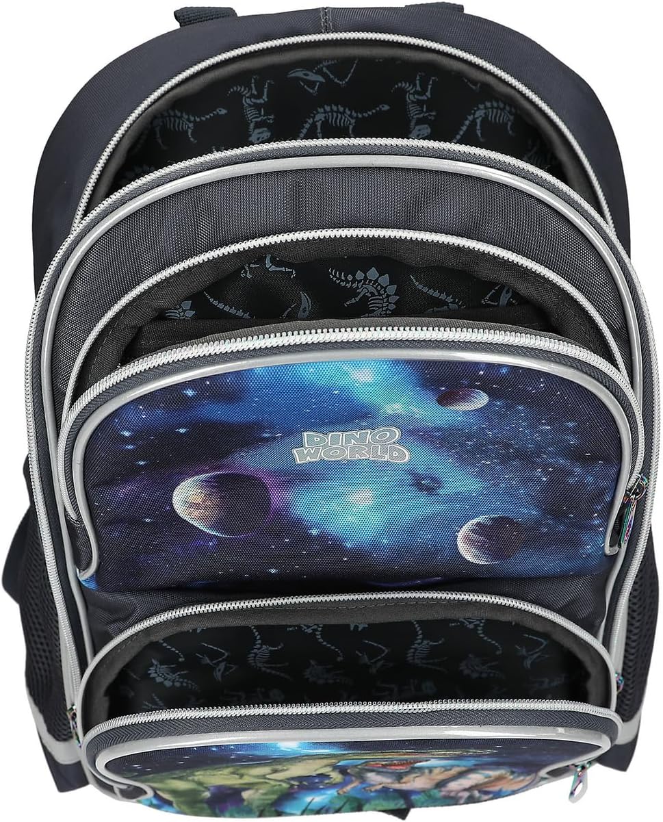 Depesche 13132 Dino World Galaxy School Backpack in Dark Blue with Dinosaur Motif, Planets and Stars, School Bag with Adjustable Straps