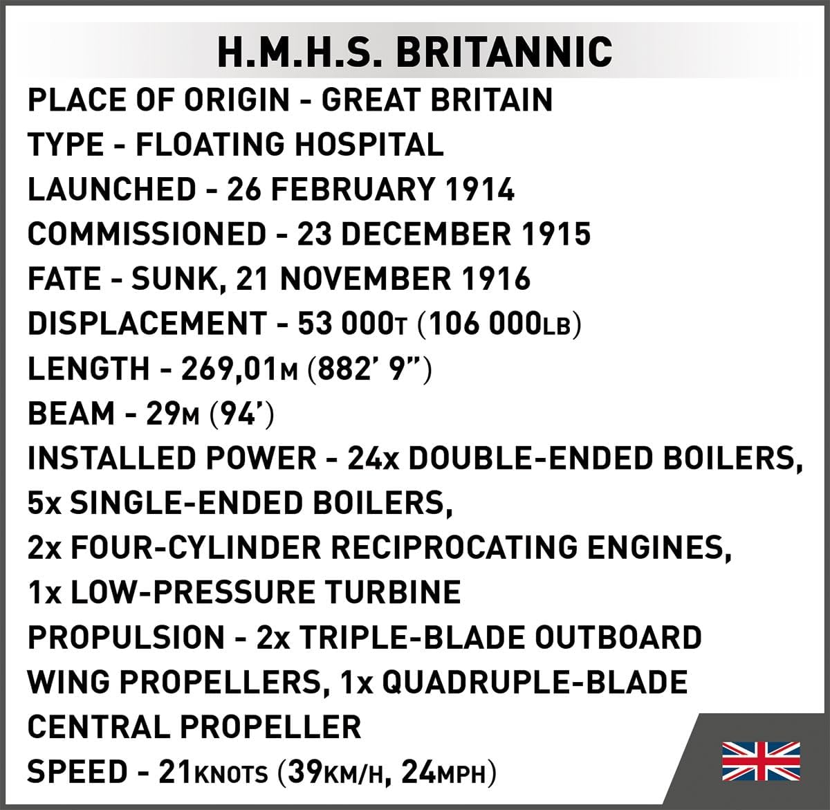 Cobi Historical Collection Great War 1681 H.M.H.S Britannic 1681
