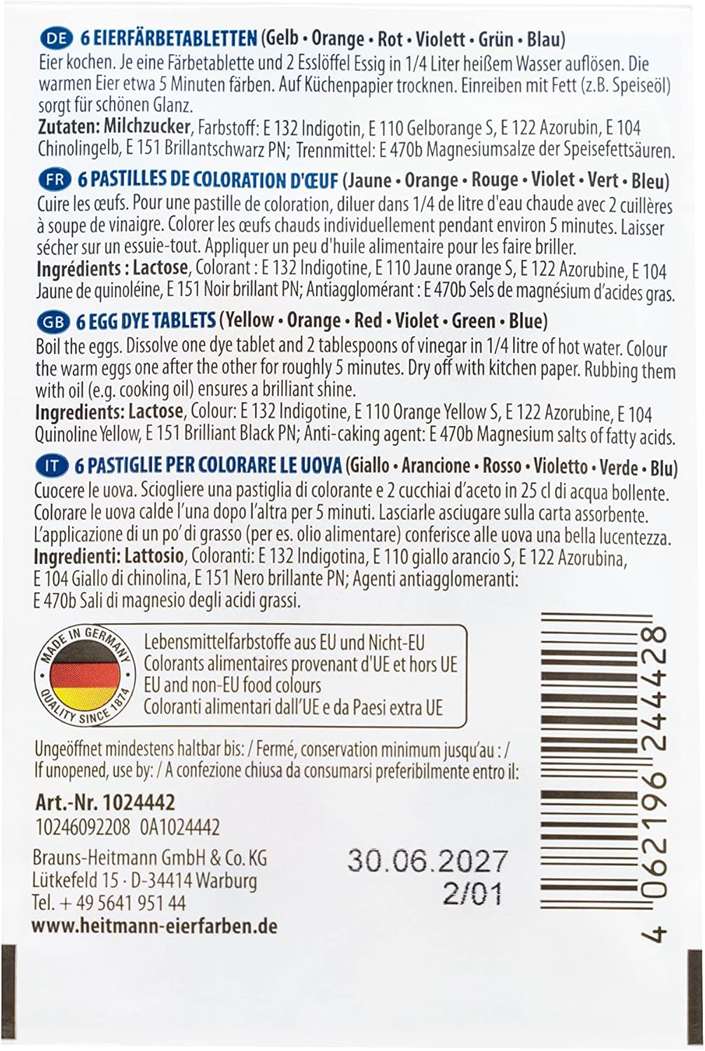 Heitmann Eierfarben - Iris Eierfarben NEU - 6 Heißfärbetabletten - Gelb, Orange, Rot, Lila, Grün, Blau