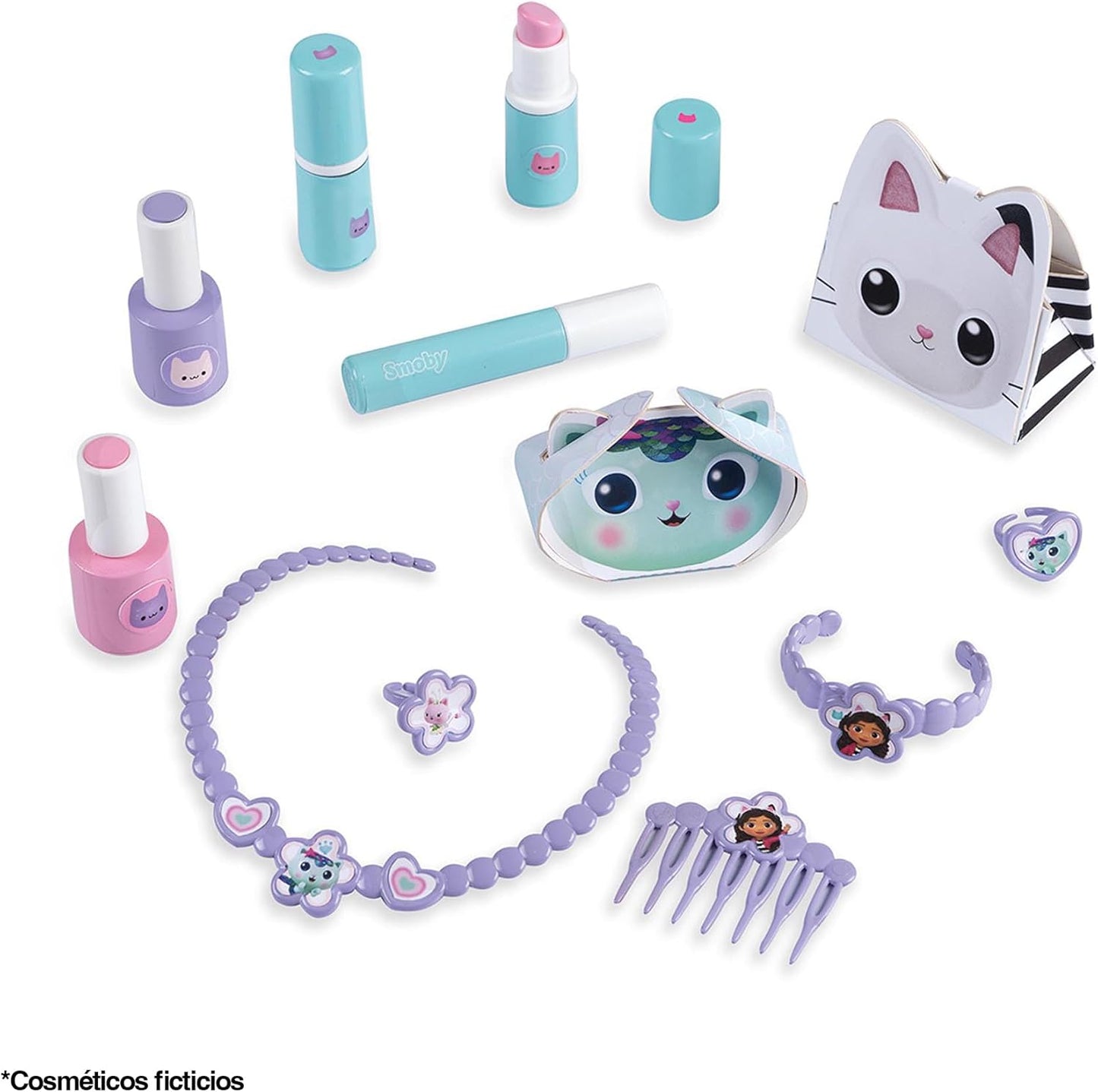 Smoby- La Casa de Muñecas de Gabby- Tocador de Sobremesa con 12 Accesorios (cosméticos no Reales), Cajones y Espejo Basculante, A Partir de 3 años (7600320253)