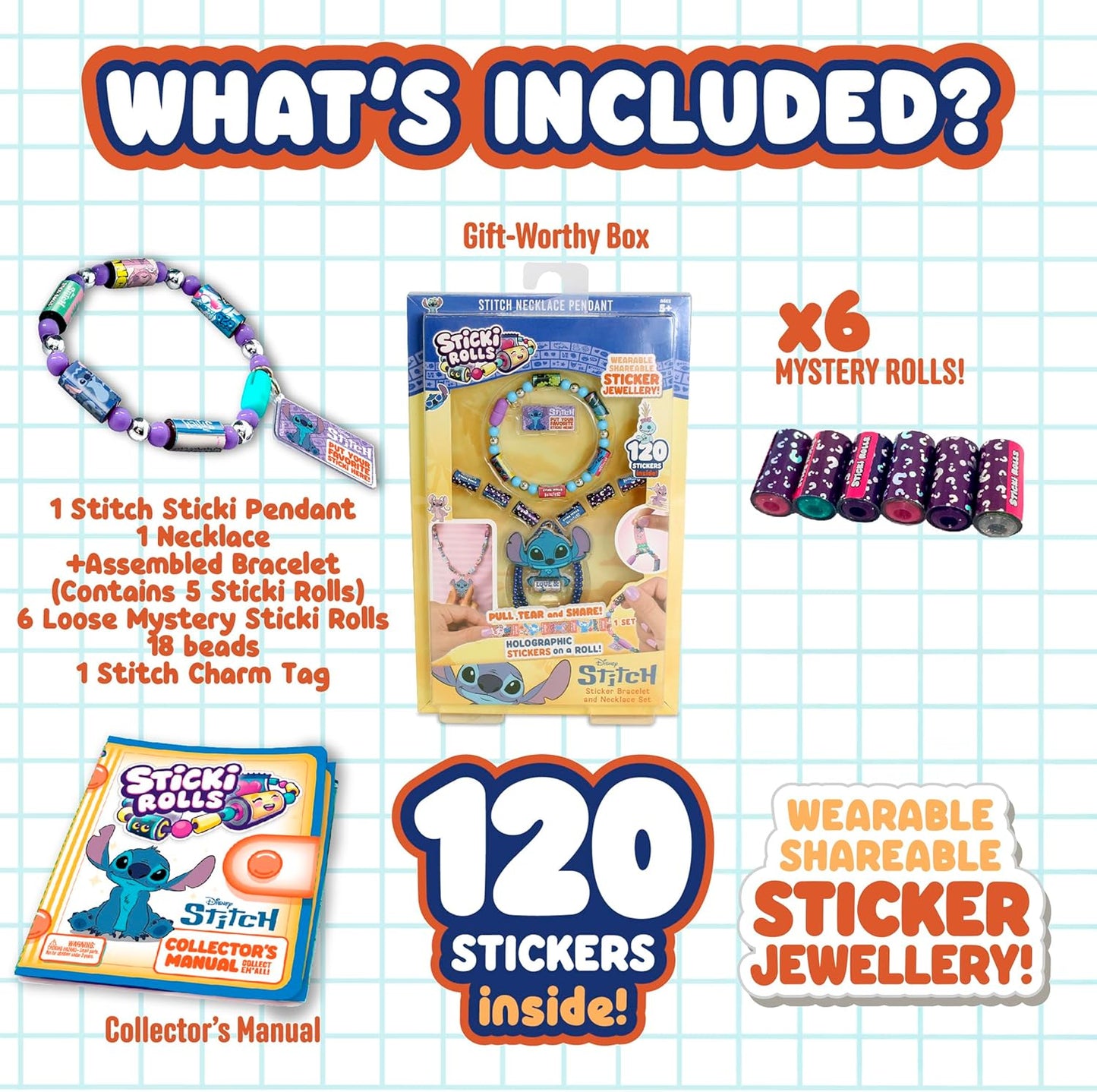 Sky Castle Sticki Rolls Stitch Pendant Pack, Wearable Sticker Jewellery, Collectable Toys, Disney Stitch, 15 x 3 x 23.5 cm