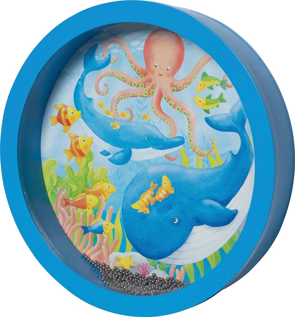 goki 61853 - Tamburo "Rumore marino" - Strumento sonoro per bambini in legno con pelliccia naturale, Ø 25,5 cm