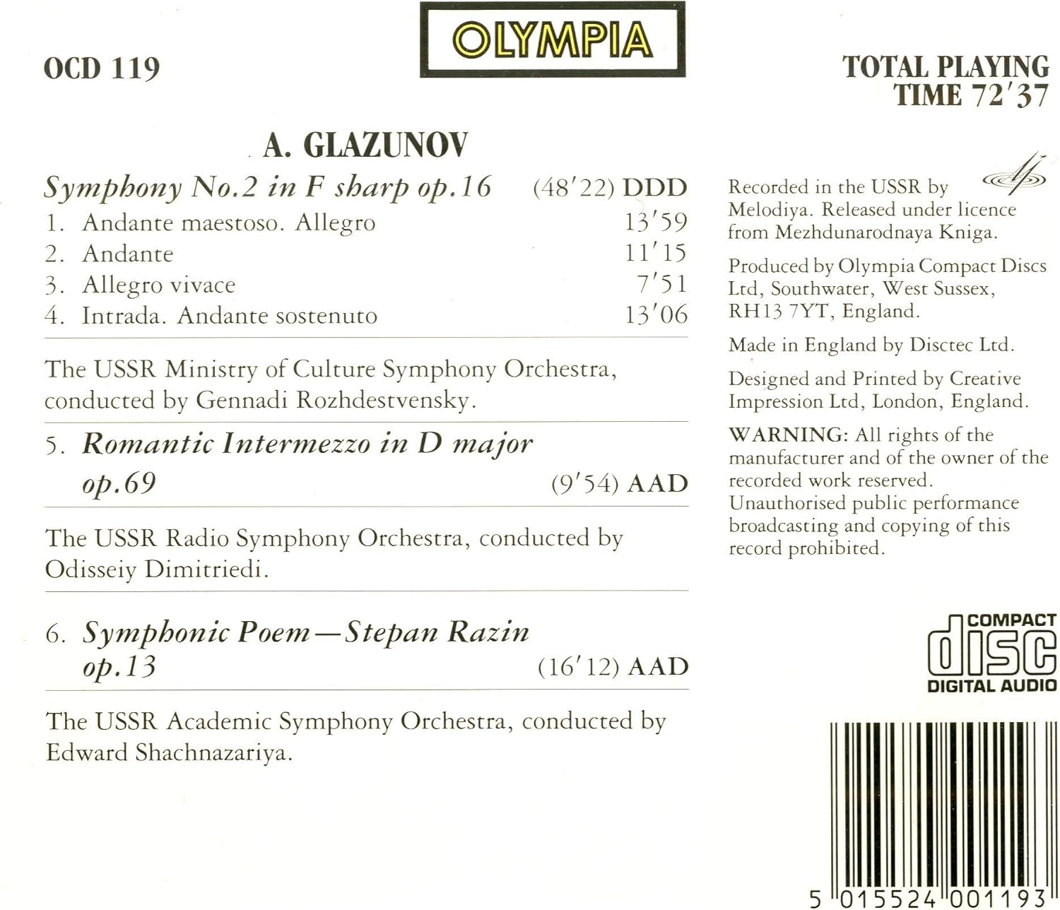 Glazunov: Symphony 2, Romantic Intermezzo Op.69, Stepan Razin Op.13