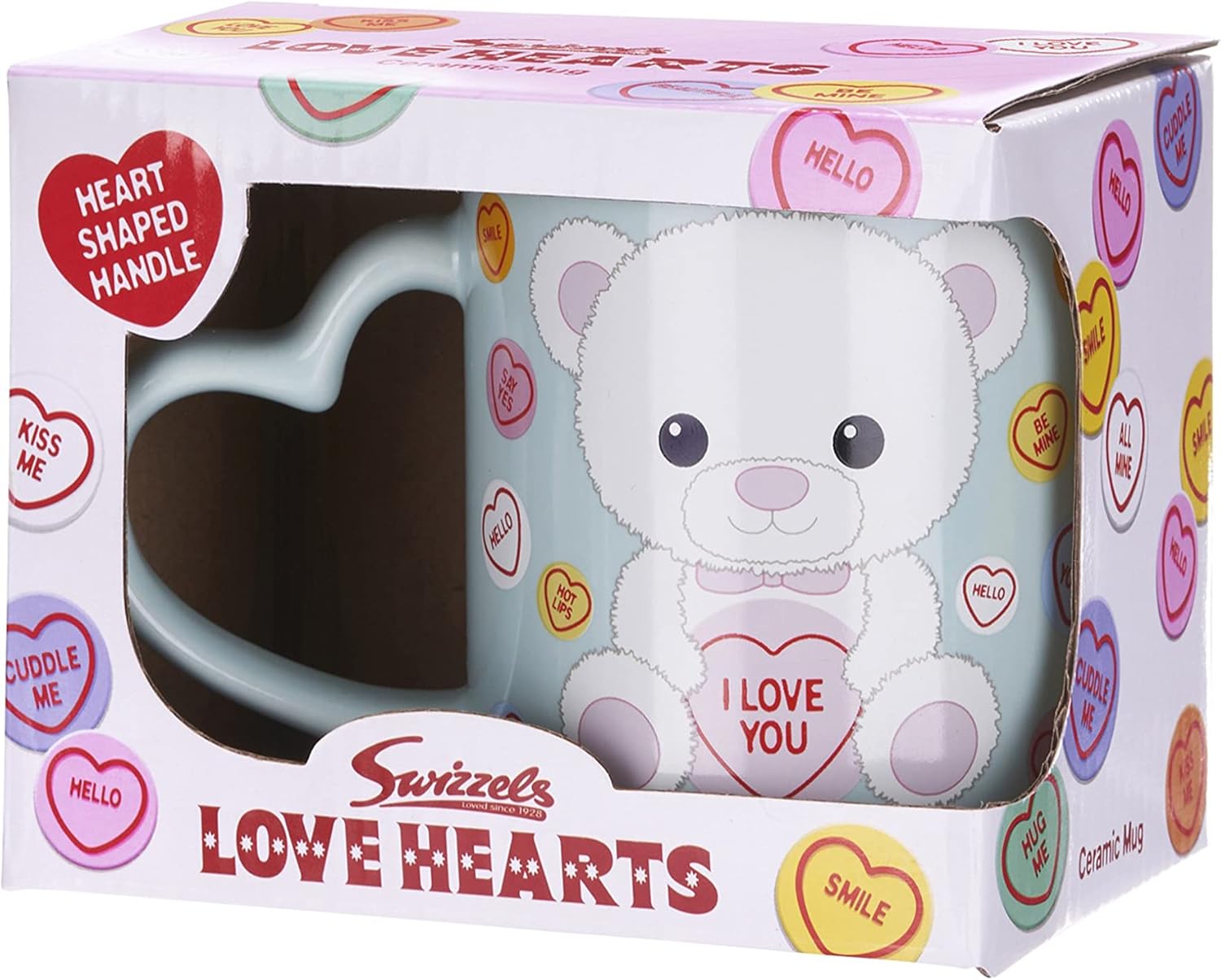 Posh Paws Swizzels Love Hearts 11OZ Bronte The Bear I Love You Heart Shaped Handle Ceramic Mug, Blue (37752