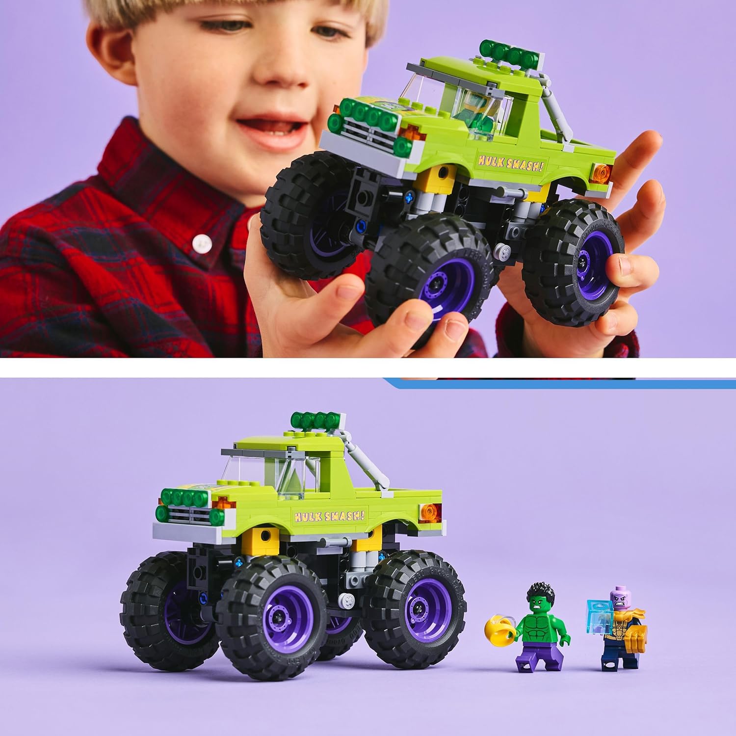 LEGO Marvel The Hulk Truck vs. Thanos - Super Hero Building Toy with a Monster Truck plus 2 Minifigures & Accessories incl. an Infinity Gauntlet - Collectible Set for 7+ Year Old Boys & Girls - 76312