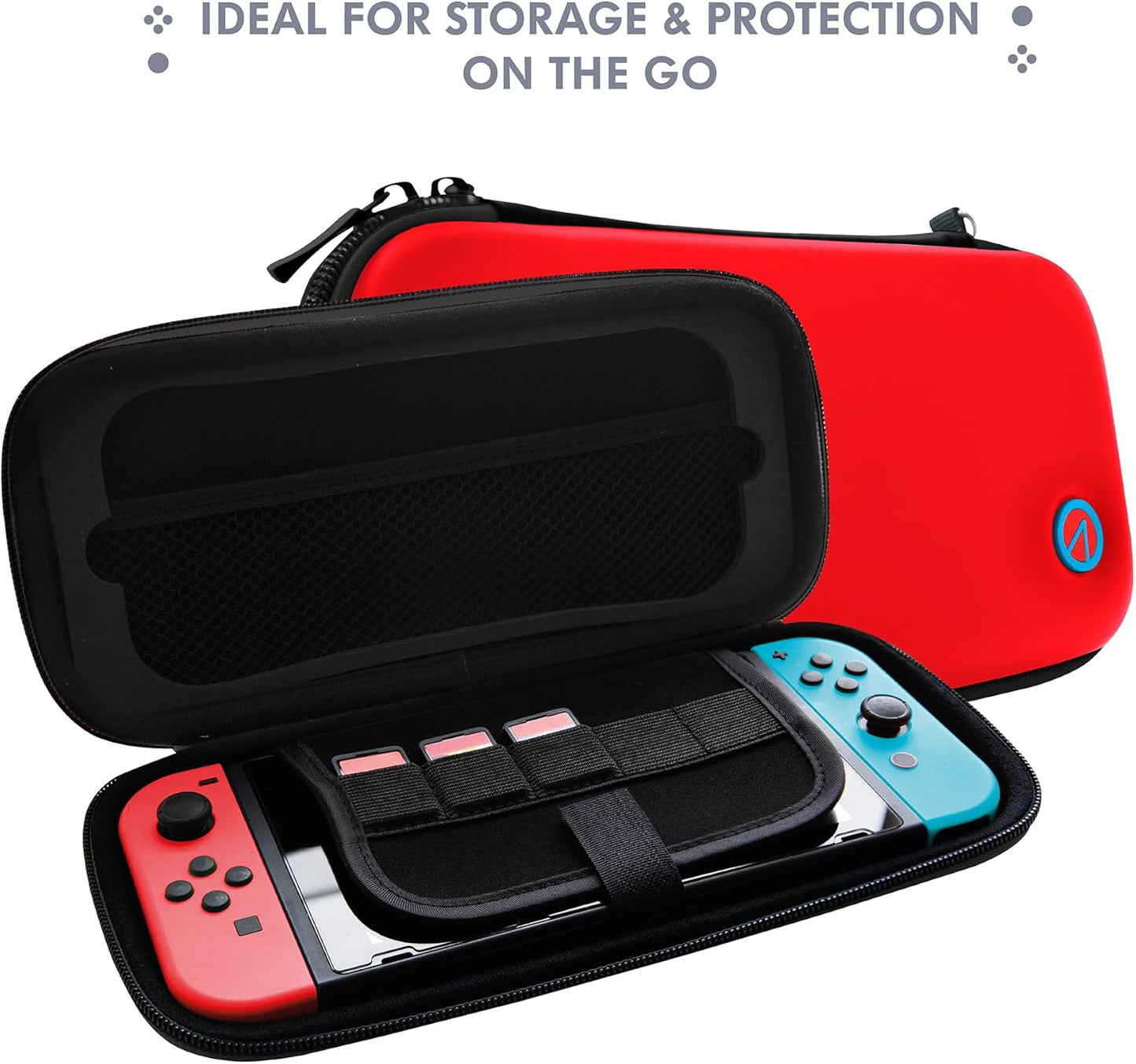 STEALTH Neon Red and Blue Hard-Shell Premium Travel Case Compatible with Nintendo Switch, Switch Lite & Switch OLED - with Soft Cotton Lining Protection and Velcro Storage