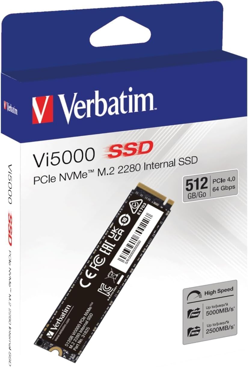 Verbatim Vi5000 NVMe M.2 - Unidad SSD Interna con 512 GB de Almacenamiento de Datos e Interfaz PCIe Gen 4, Unidad de Estado sólido para PC de Juegos y PlayStation 5, Color Negro