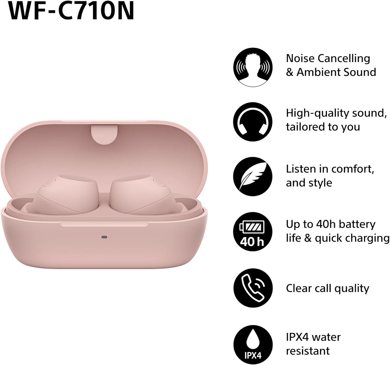 Sony WF-C710N Echt draadloze oordopjes met ruisonderdrukking, lichtgewicht hoofdtelefoon, aanraakbediening, multipoint-aansluiting, IPX4, tot 40 uur batterij, snel opladen, iOS en Android