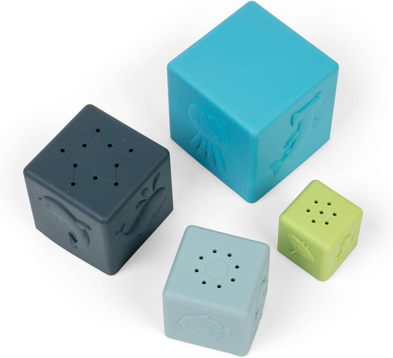 Bigjigs Toys Cubi impilabili – Set di 4 pezzi di animali marini per neonati e bambini, 100% silicone giocattolo per il bagnetto, regali per bambini, età 12 mesi +