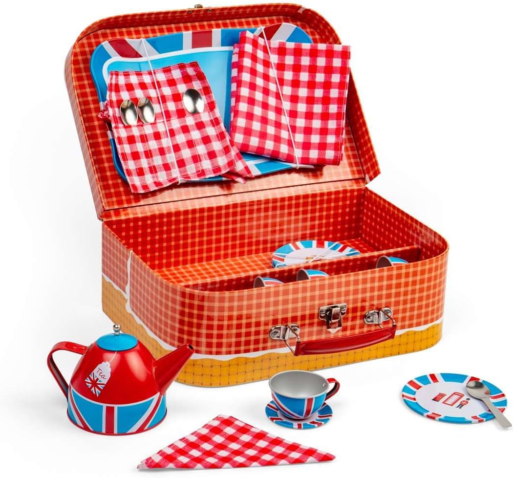 Bigjigs Toys London - Juego de té de lata de 24 piezas, juego de picnic para niños, juguete de juego de rol para niños, regalos para niños a partir de 3 años