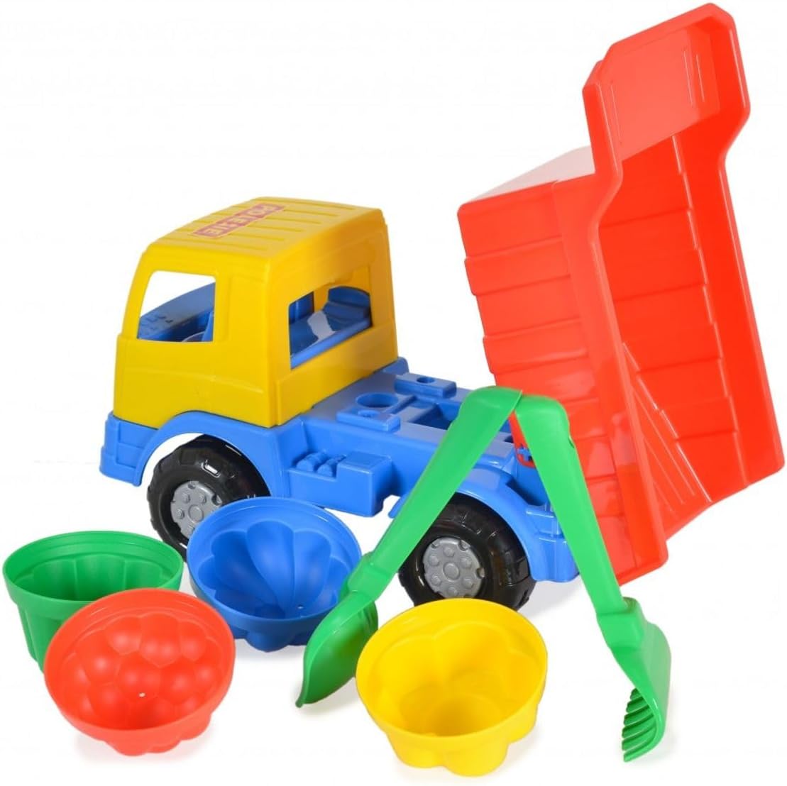 Polesie set di giocattoli da 7 pezzi 93226, camion, stampi, pala, rastrello, colorazione:multicolore