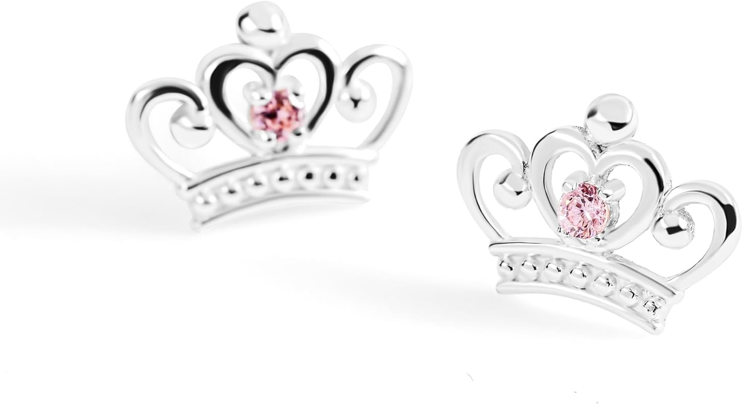 Disney 925 Sterling Silver Princess Crown Tiara Pink Stone Set Stud Earrings for Girls