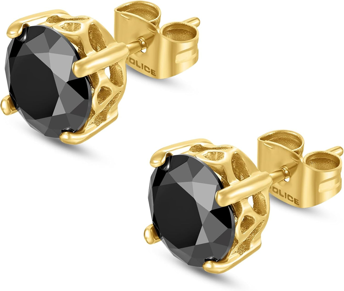 POLICE Men's Stainless Steel Soul Gold Plated Black Stone Stud Earrings