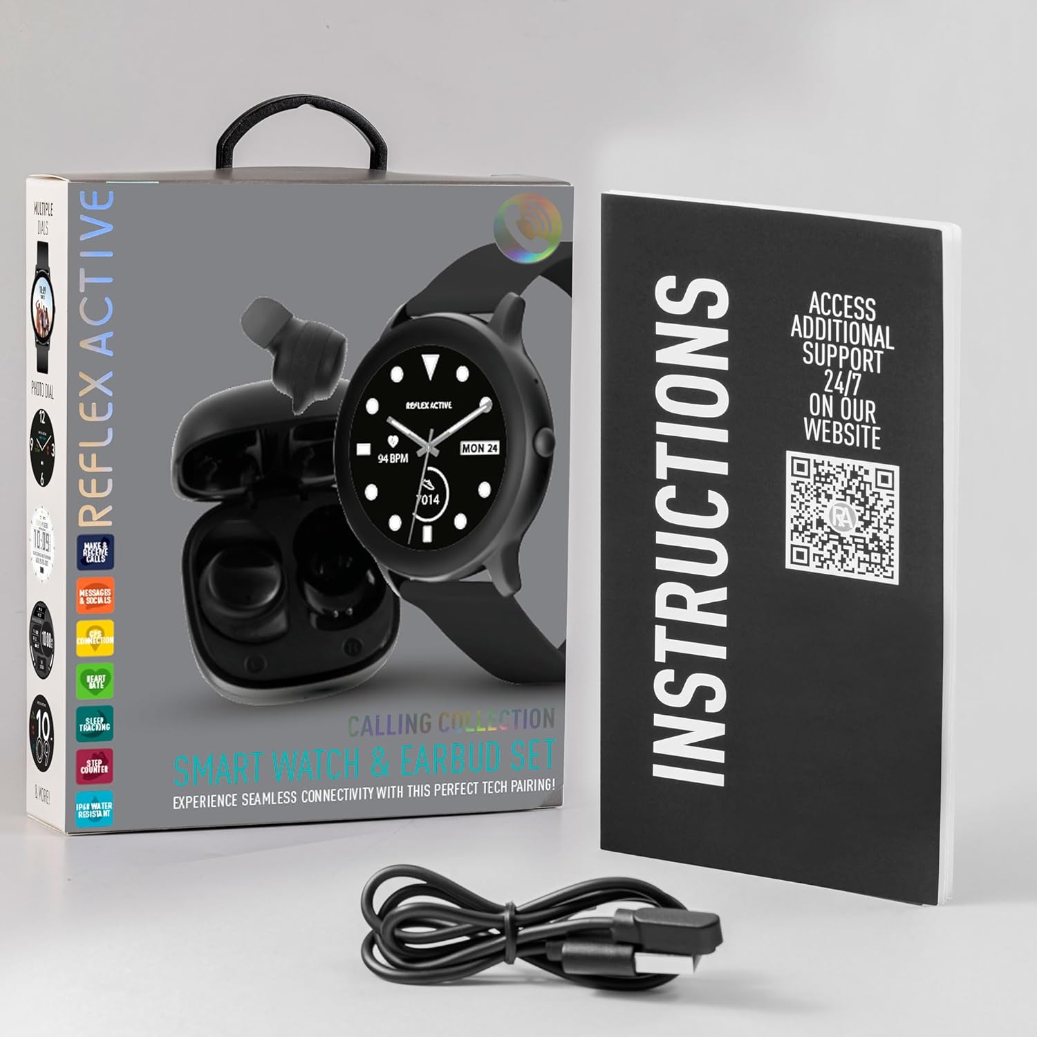 Reflex Active Series 36 Black Strap Smart Calling Watch and Earbud Set