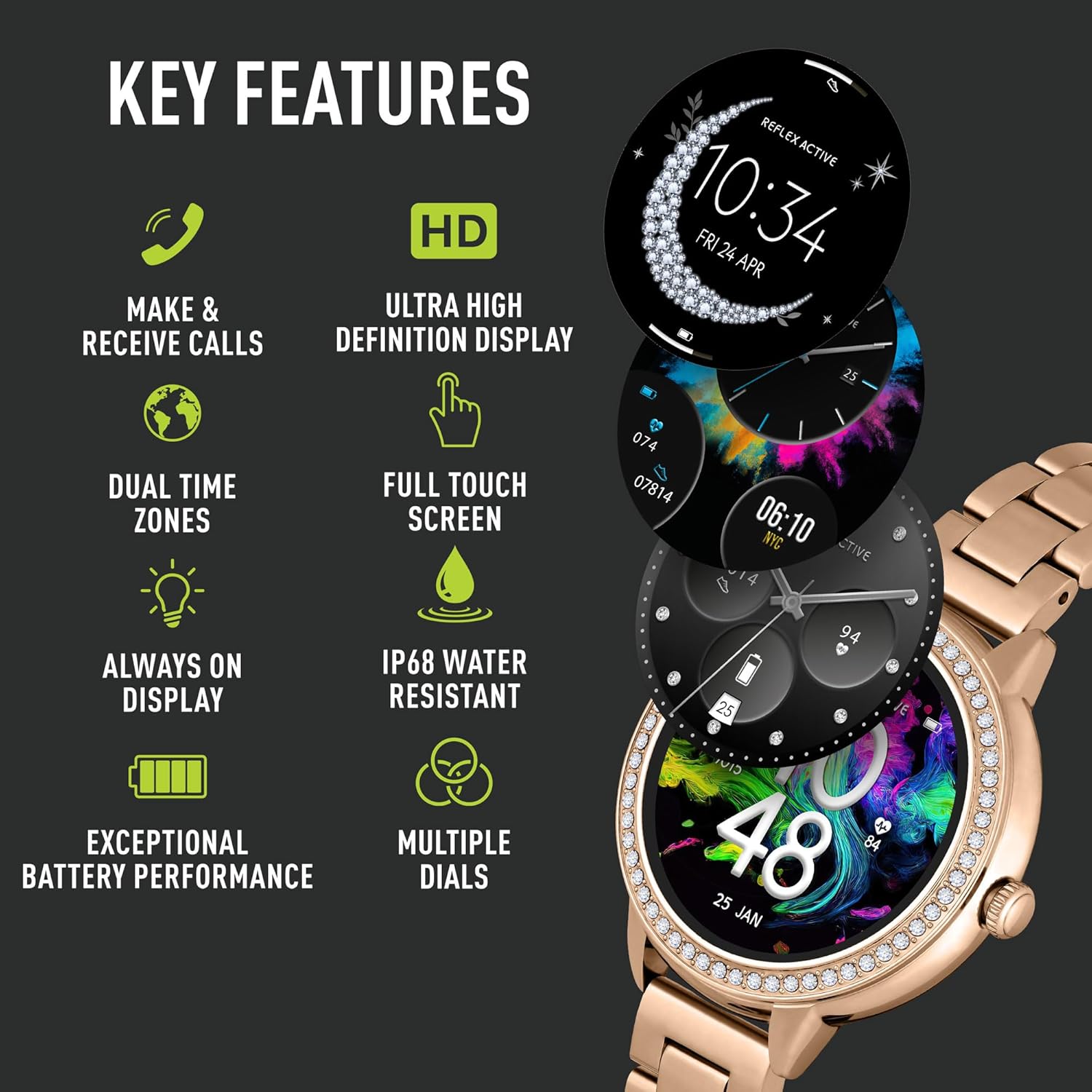 Reflex Active Series 41 Stone Set Rose Gold Bracelet AMOLED Smart Calling Watch