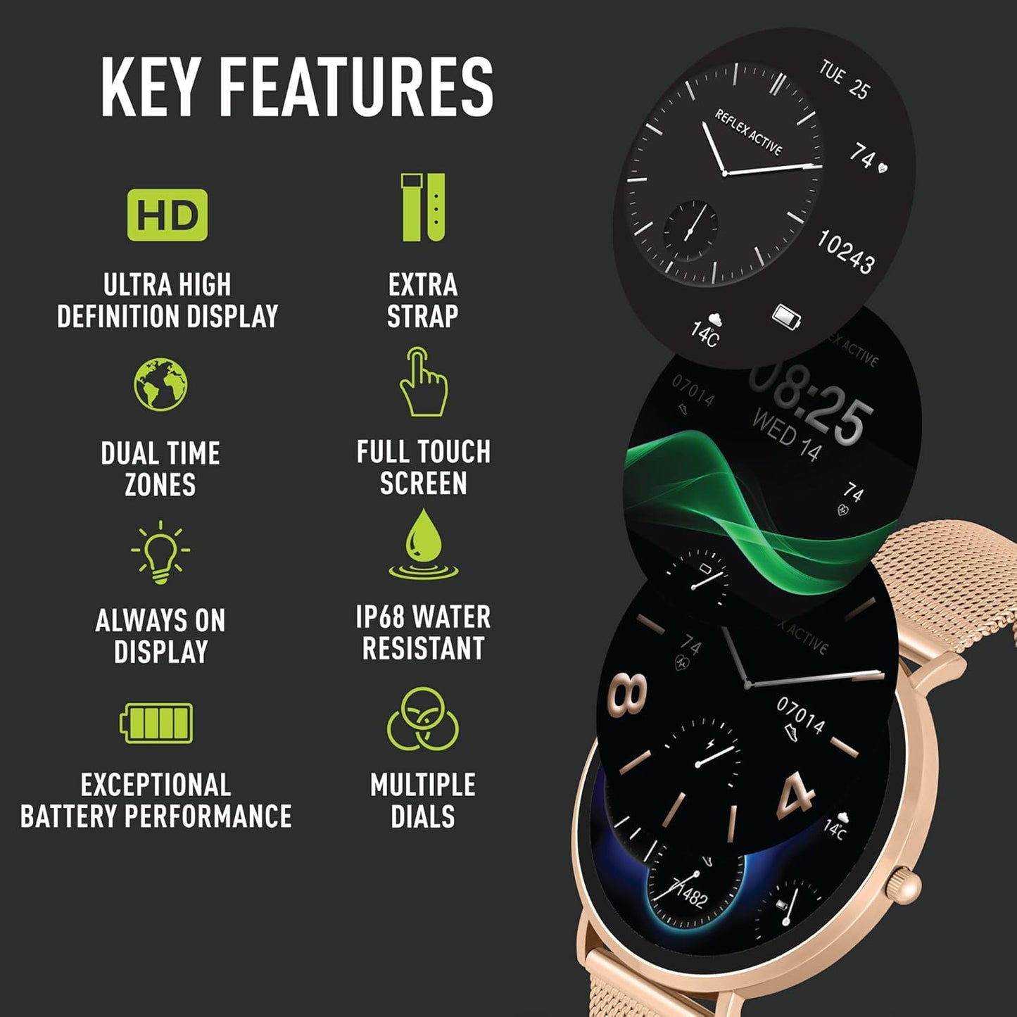 Reflex Active Series 42 Rose Gold Mesh and Pink Silicone Strap AMOLED Ultra Slim Smart Calling Watch Set