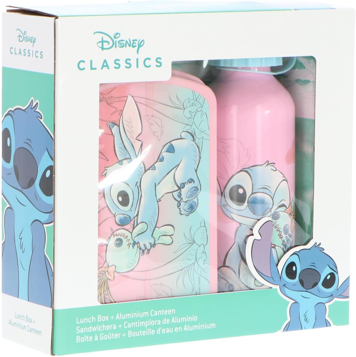 Kids Childrens Stitch Lunch Box Set – Sandwich Box & Aluminium Water Bottle 500ml - School Travel Lunch Food Set, Gift Set, BPA Free