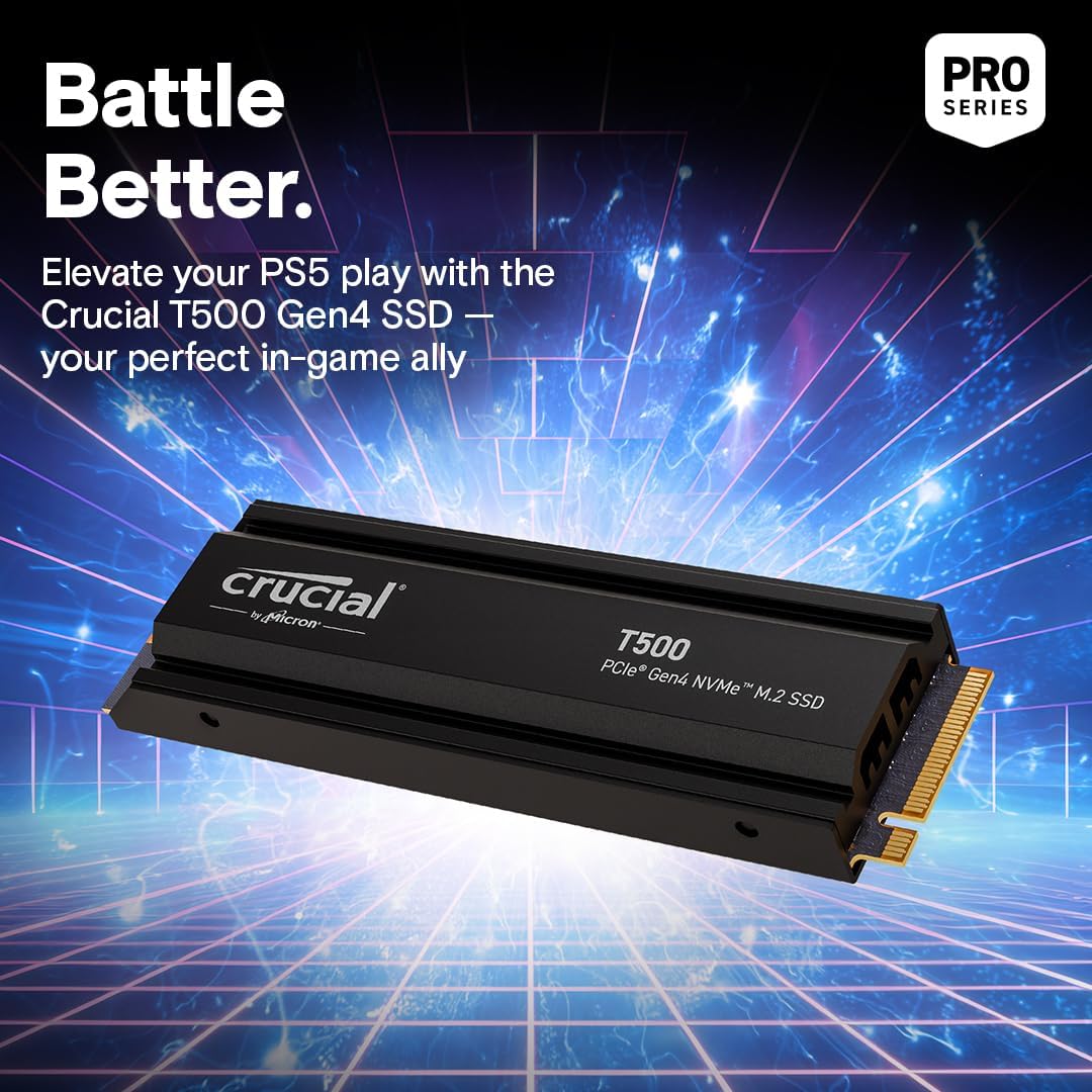 Crucial T500 4TB SSD PCIe Gen4 NVMe M.2 Internal Gaming PS5 SSD with Heatsink, Up to 7000MB/s, Compatible with PlayStation 5, TLC NAND, Laptop & Desktop, Solid State Drive - CT4000T500SSD5
