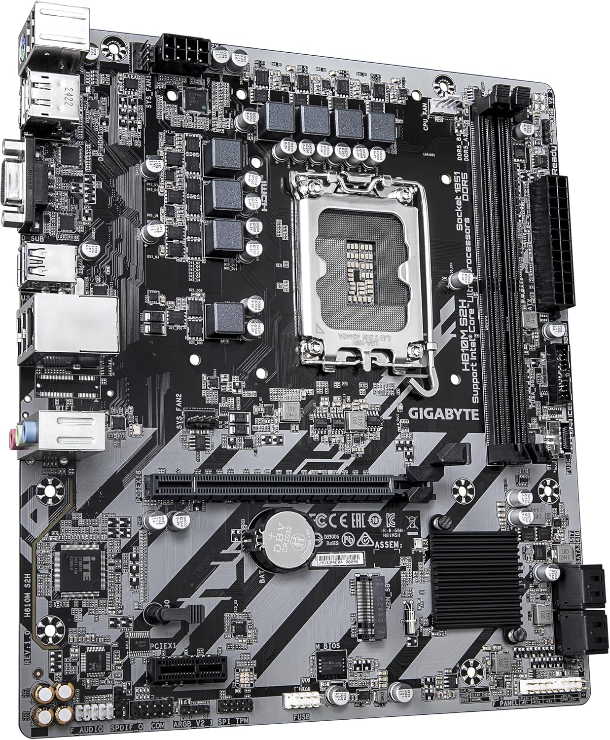 GIGABYTE H810M S2H Motherboard - Intel Core Ultra (Series 2) CPUs, 4+1+2 Phases VRM, up to 6400MHz DDR5, 1xPCIe 4.0 M.2, 1GbE LAN, USB 3.2 Gen 1