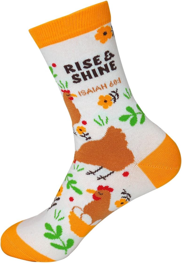 Kerusso - Rise And Shine Chickens - Isaiah 60:1 - Cotton Blend Women's Crew Socks, One Size Fits Most, Multicolor, One Size