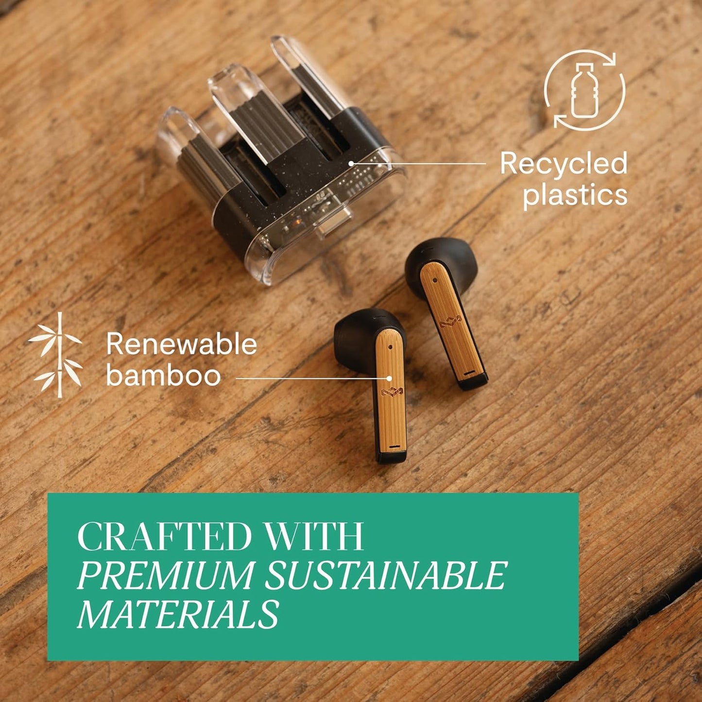 Marley House of Zion True Wireless Bluetooth Earbuds - Auricolari con Microfono Integrato, 16 Ore di Autonomia, Cuffie In-Ear, Custodia per Auricolari USB-C, Materiali Sostenibili