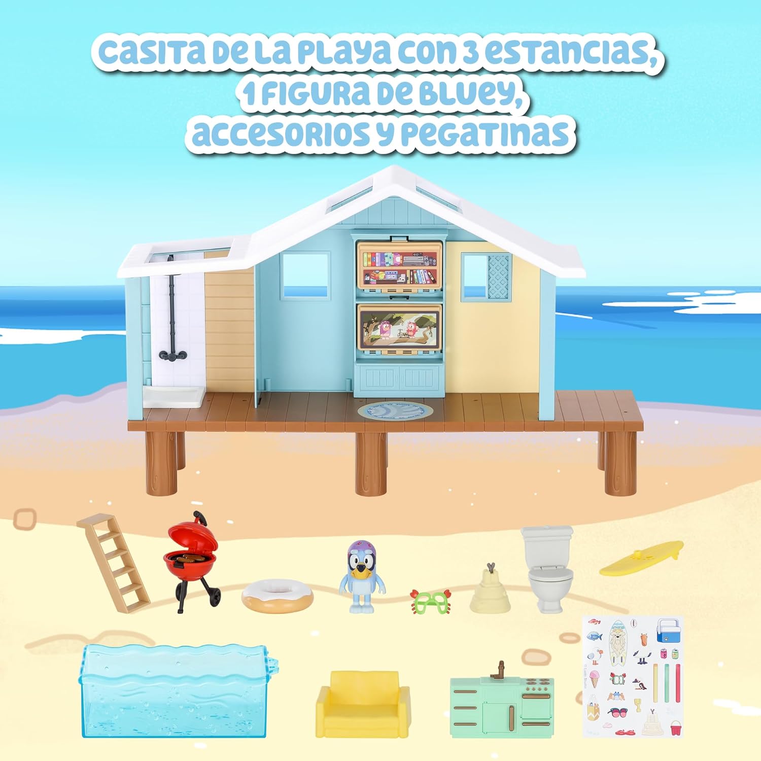 Bluey - Beach Cabin Playset, Blue Dog Beach House, Toy with Figure, with Accessories, Pool, Glasses, Float, Barbecue, Blue House, Famous (BLY66000