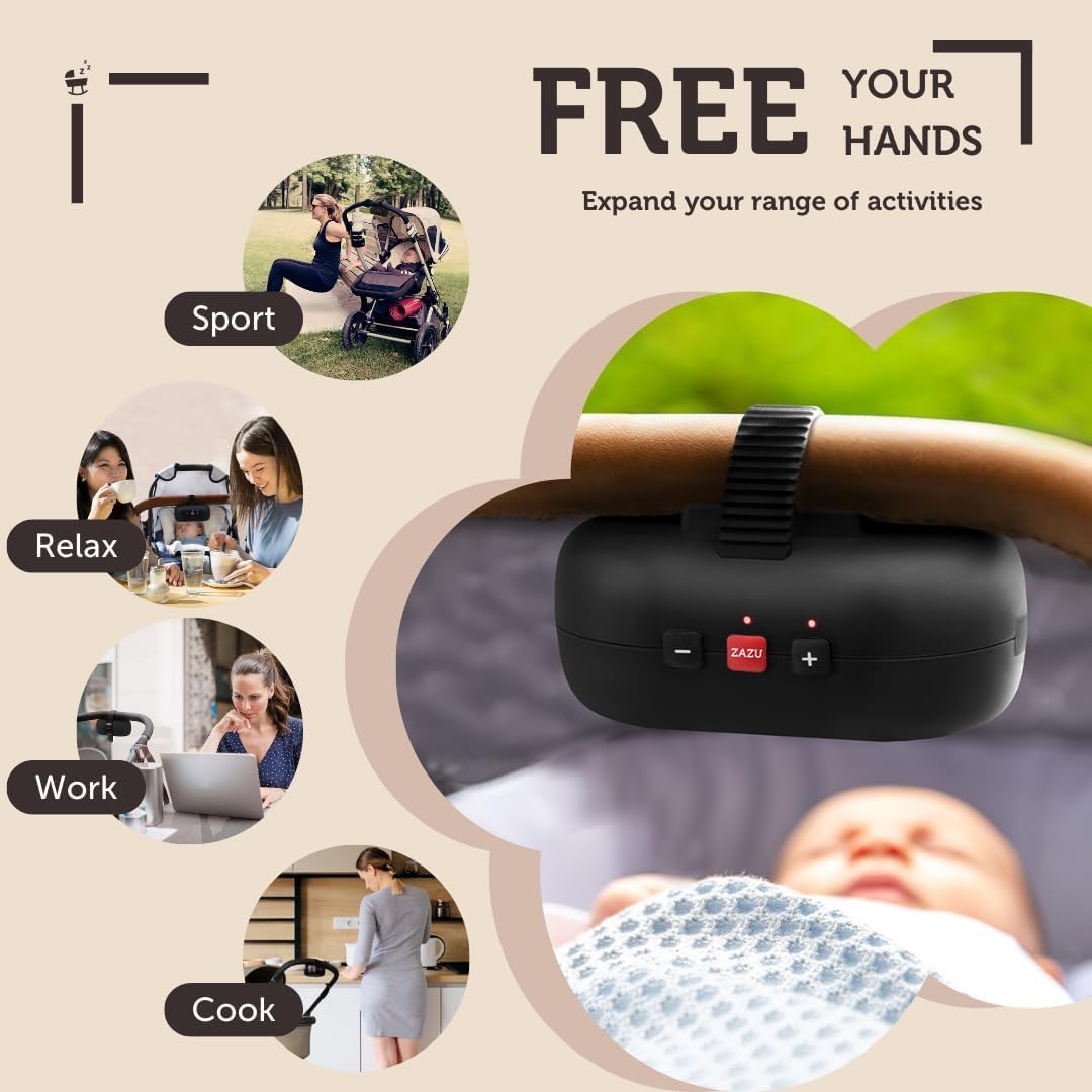 ZAZU Robby Kinderwagenschaukler - Automat. Babywippe, Verstellbare Stärke, 40-Min Timer, Babyschreisensor, USB-C wiederaufladbar, Wasserfest, Universell für Kinderwagen & Buggy (Schwarz.
