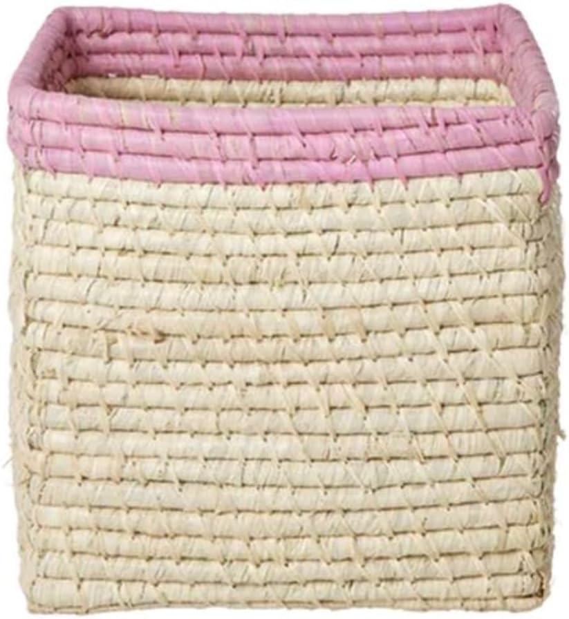 Rice - Raffia Basket Without Handles In Nature With Soft Pink Border - 20 Cm X 20 Cm X 20 Cm - Natural With Soft Pink Bo