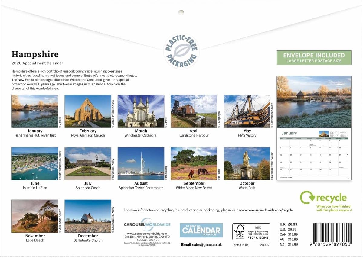 Hampshire 2026 A4 Wall Calendar
