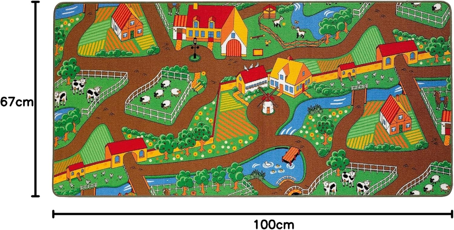 Moni Paradiso 02918 Tappeto Giocattolo, Reversibile, Mondo agricolo e Urbano, 67 x 100 cm