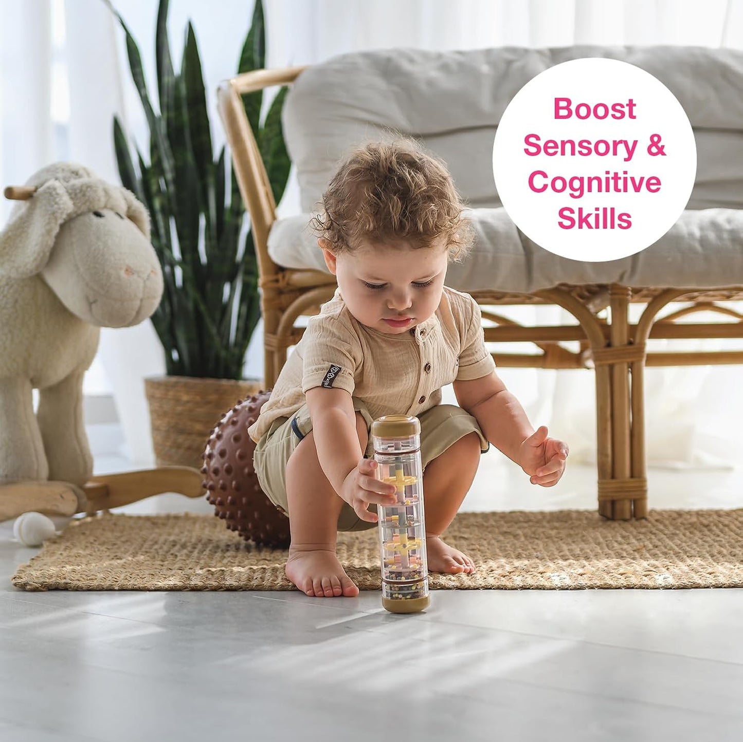 Edushape Regenstang, 20,3 cm, boho-stijl, elegant, voor baby's, sensorische buizen, muziekinstrumenten, regenspeelgoed voor baby's om regengeluiden te kalmeren, speelgoed