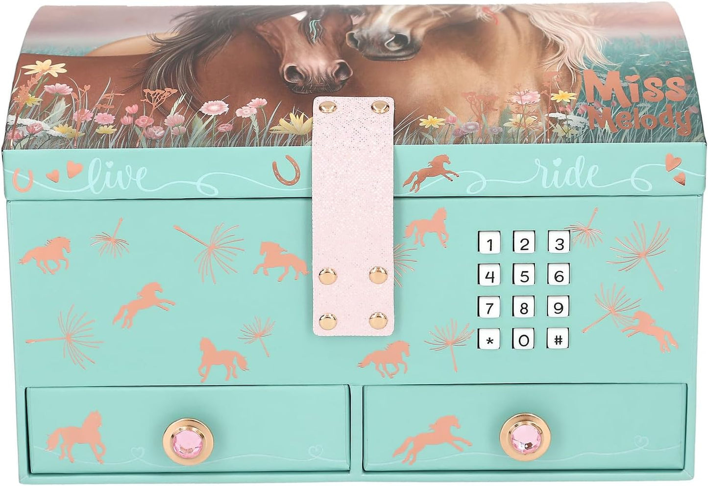 Depesche 13612 Miss Melody - groot juwelenkistje in turquoise en roze, met paardenmotief en roségouden patroon, sieradendoos met code, geluid en spiegel