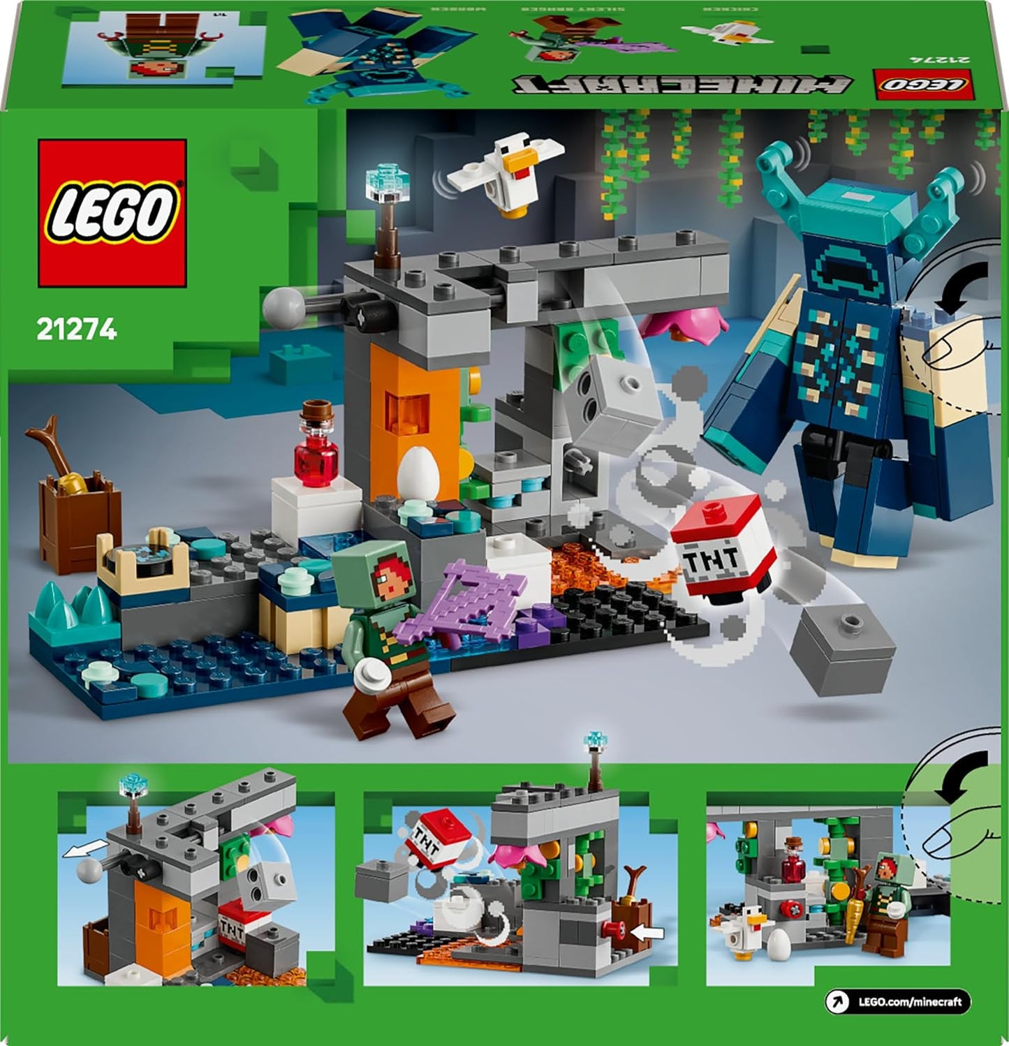 LEGO Minecraft L’Incontro con il Sorvegliante - Giocattolo con Minifigure del Ranger Silente e Mob Snodabile - Funzione TNT per Caduta Massi - Regalo per Bambini da 7+ Anni Fan dei Videogiochi - 21274